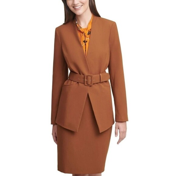 Calvin Klein Collarless Belted Jacket Tobacco Brown 8 - Picture 1 of 3